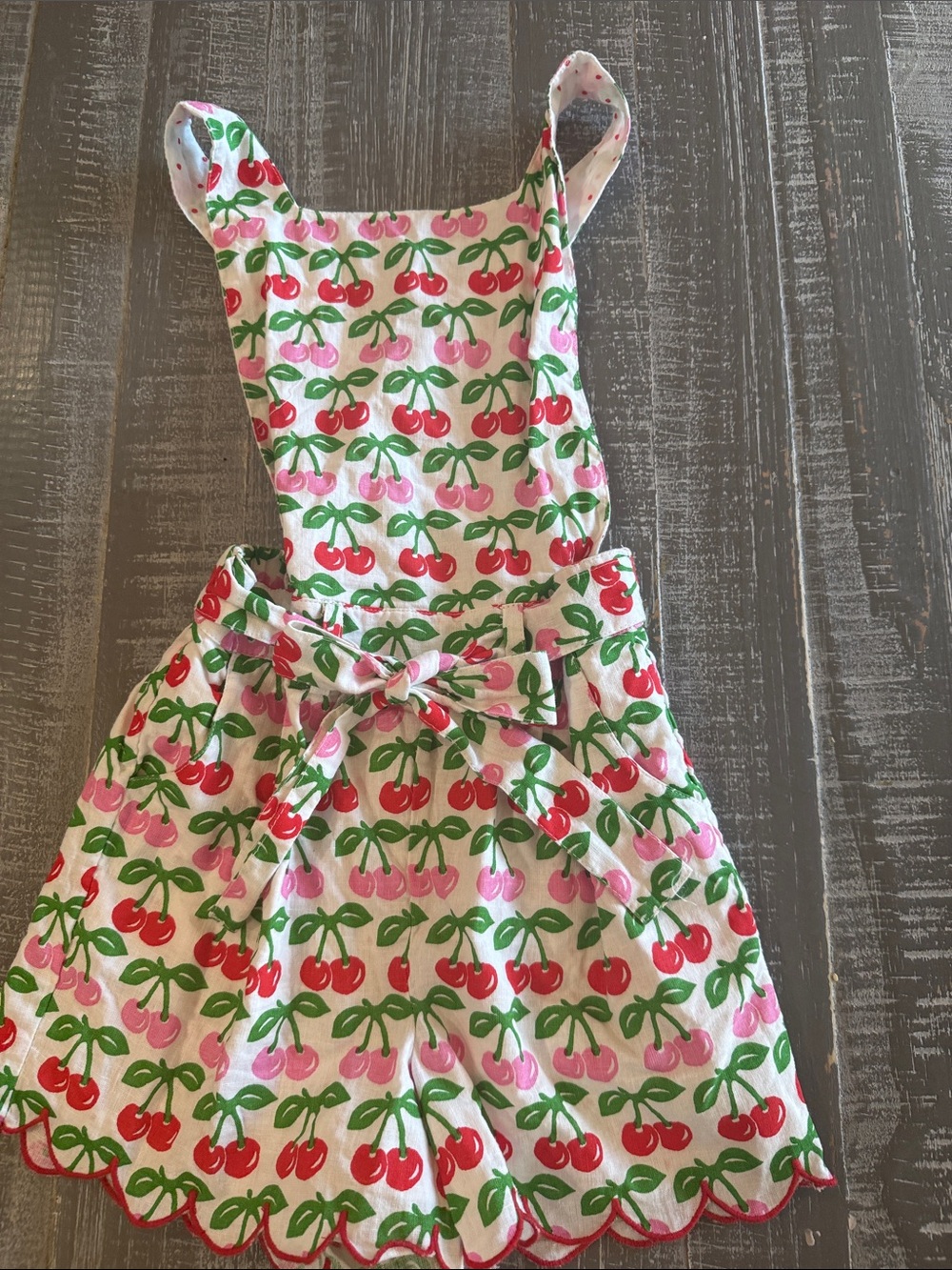 Mini Boden White Cherry-Print Girls' Romper with Green Leaves
